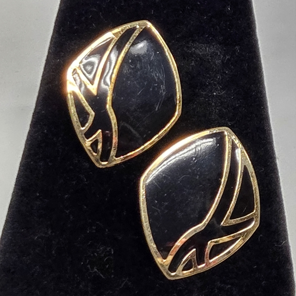 Vintage Goldtone and Black Enamel Pierced Earrings 1 3/8" X 1 1/8"